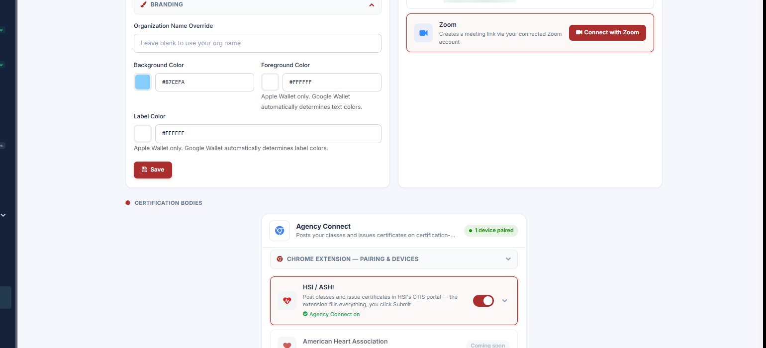 Settings Integrations Connections the Agency Connect card expanded