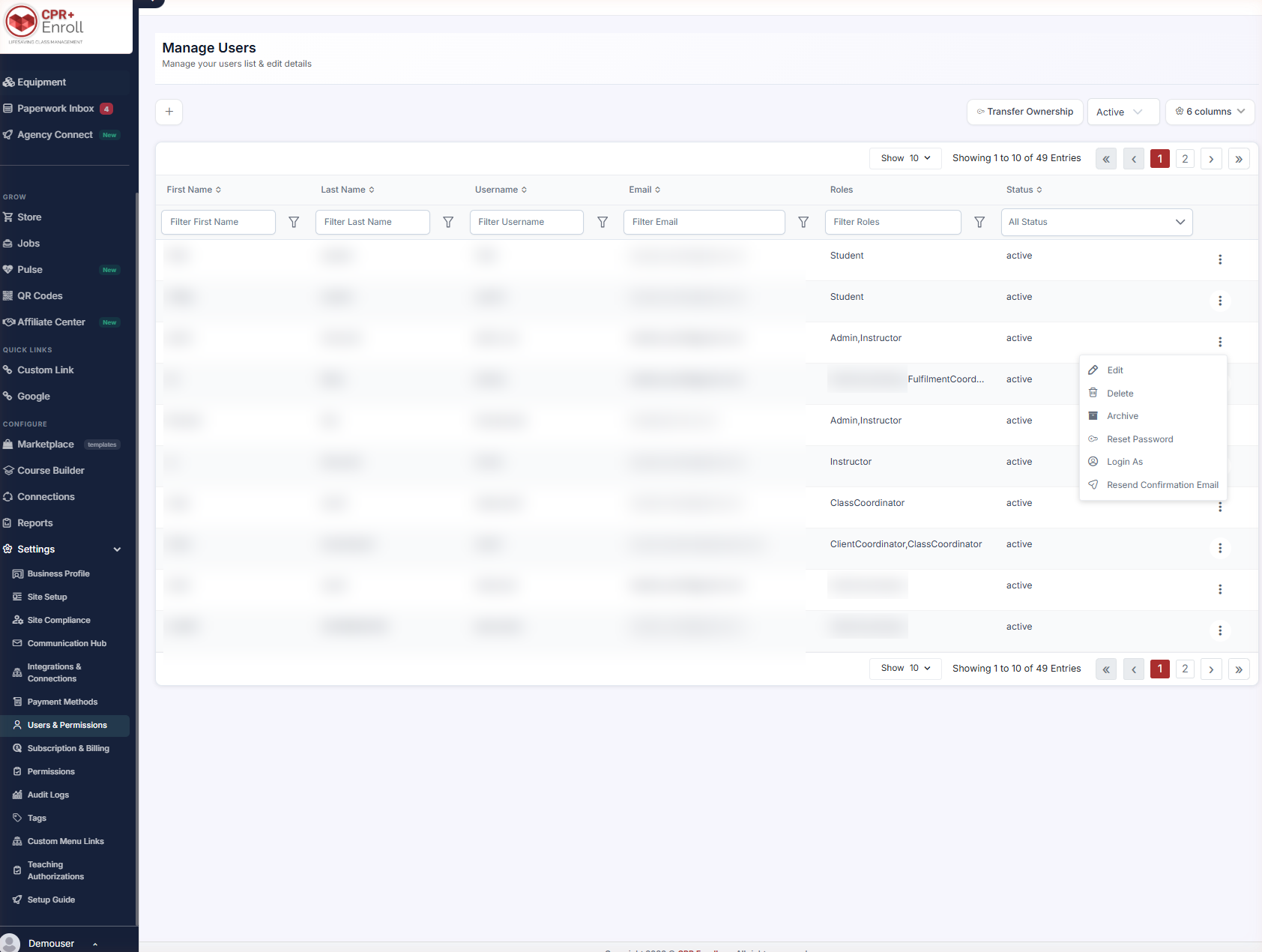 Settings Users Permissions with a row action menu open showing Archive (blur names and emails)