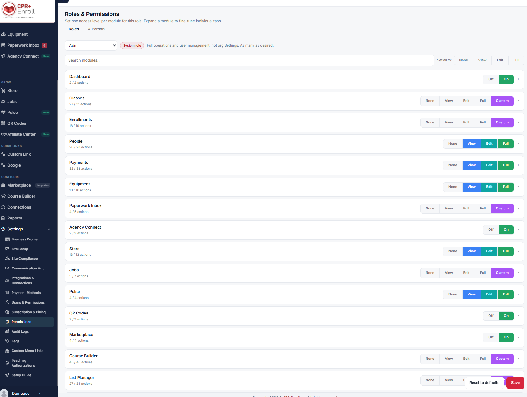 Settings Permissions, Roles tab, showing modules with action counts and level buttons
