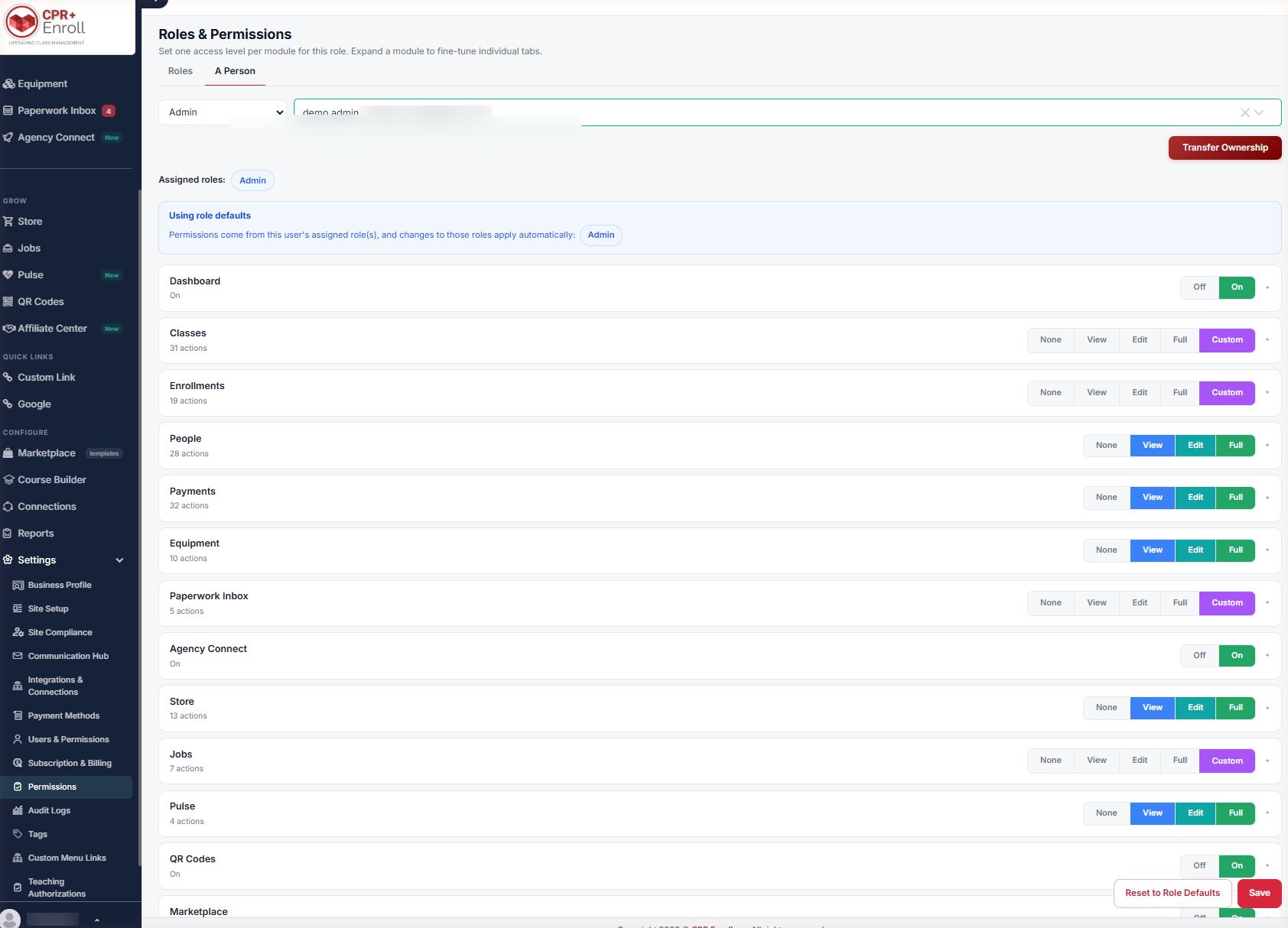 Settings Permissions, A Person tab, showing an individual override (blur the person s name)