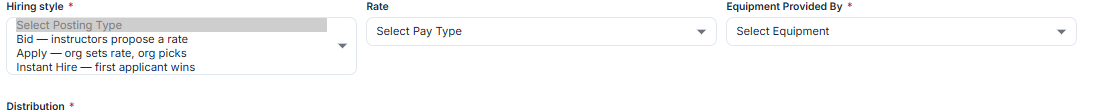 The Hiring style selector on the job form showing the three options