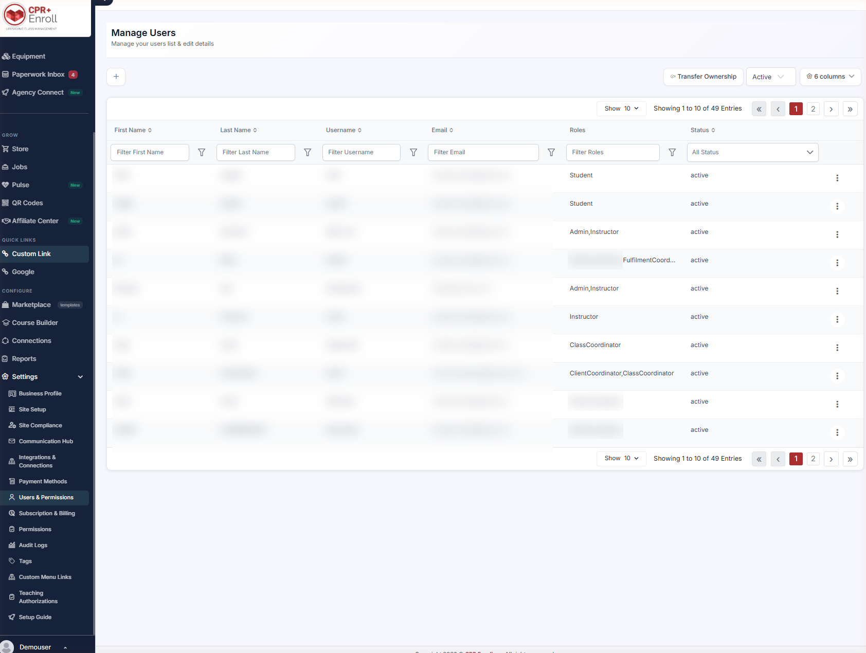 Settings Users Permissions with the Transfer Ownership button visible