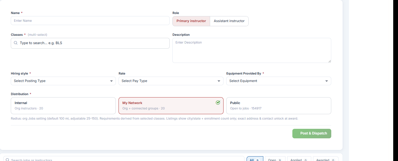 The Post a job form with all required fields visible