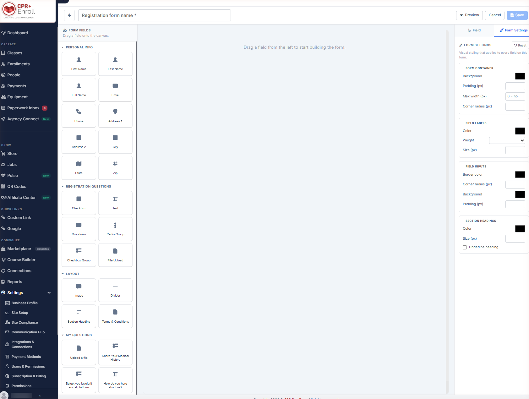 The Form Builder showing the field palette, canvas and right-hand panel
