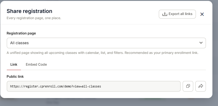 The Share Registration window showing the Link and Embed Code tabs