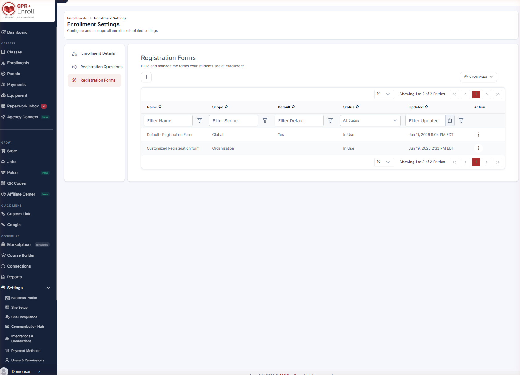 Enrollment Settings Registration Forms list showing Scope and Status columns