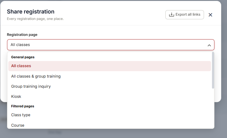 The Share Registration window with the Registration page dropdown open
