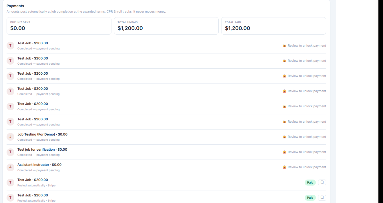Jobs Payments showing the three summary cards and the payment rows