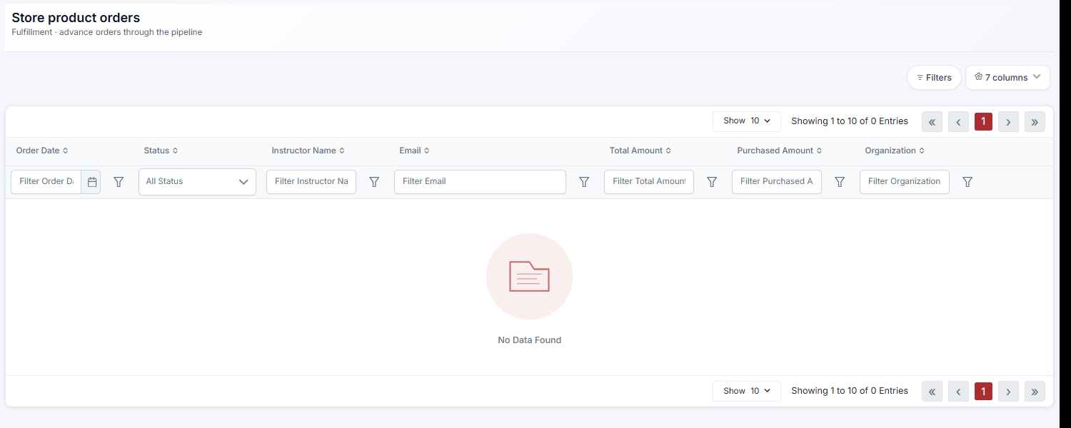 Store Fulfillment Orders grid (blur instructor names and emails)