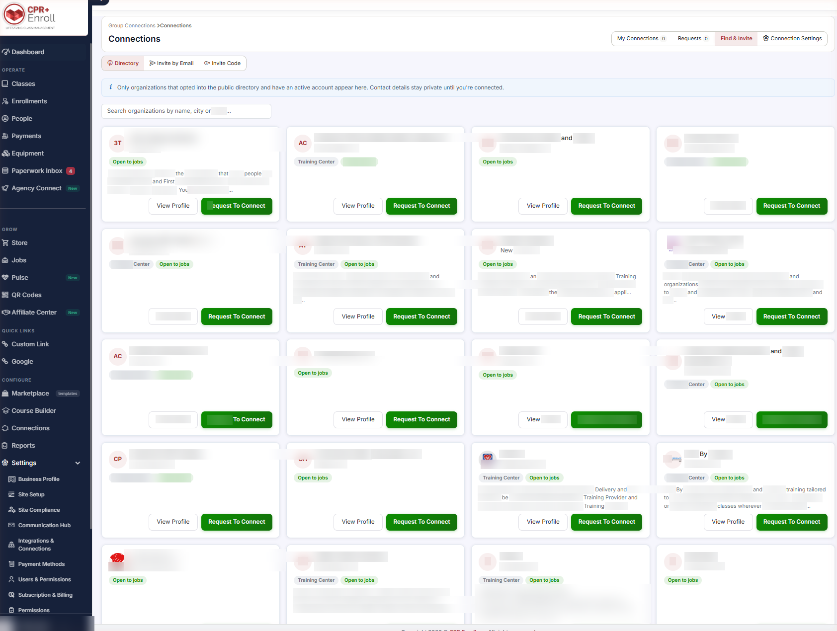 Connections Find Invite Directory showing organization cards with badges