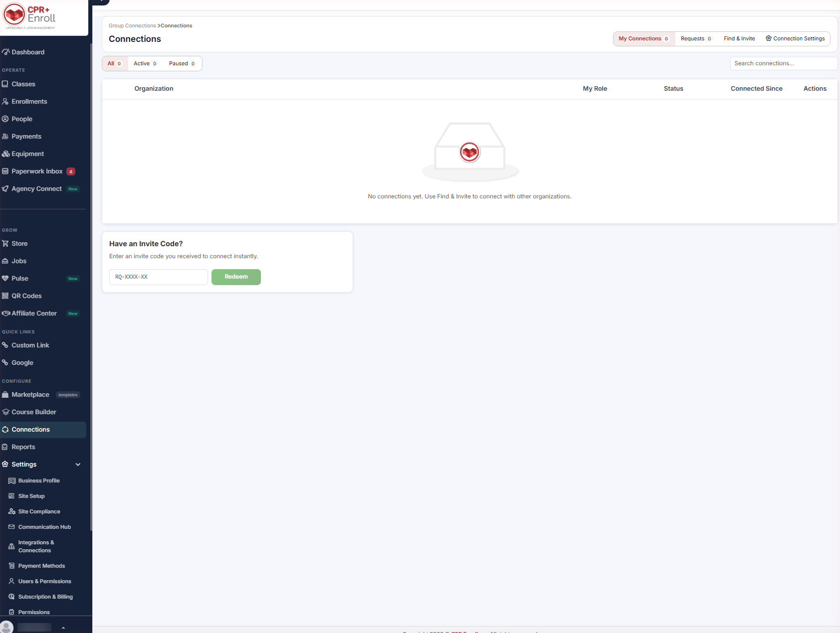 The Have an Invite Code? panel on the My Connections tab