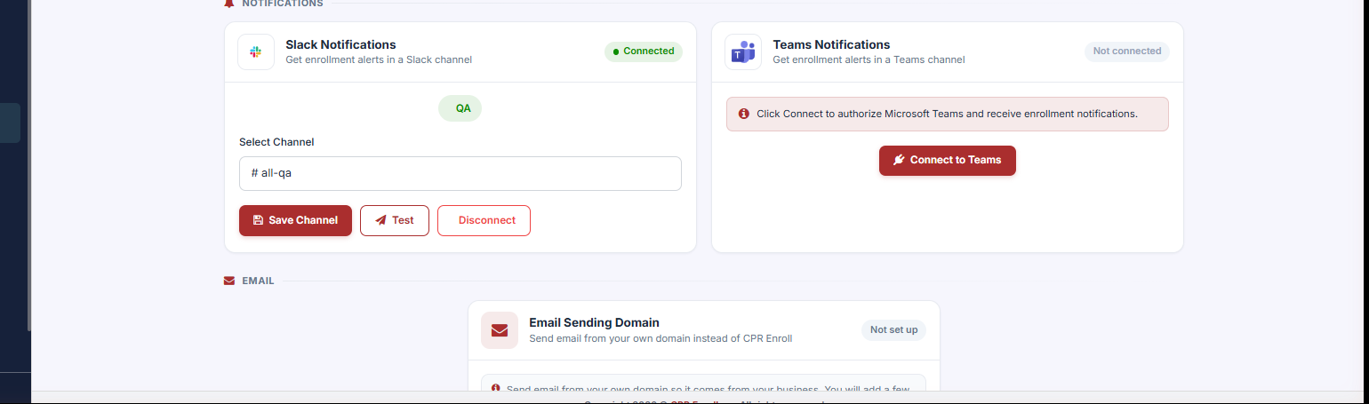 The Slack card with a channel selected and the Test button visible
