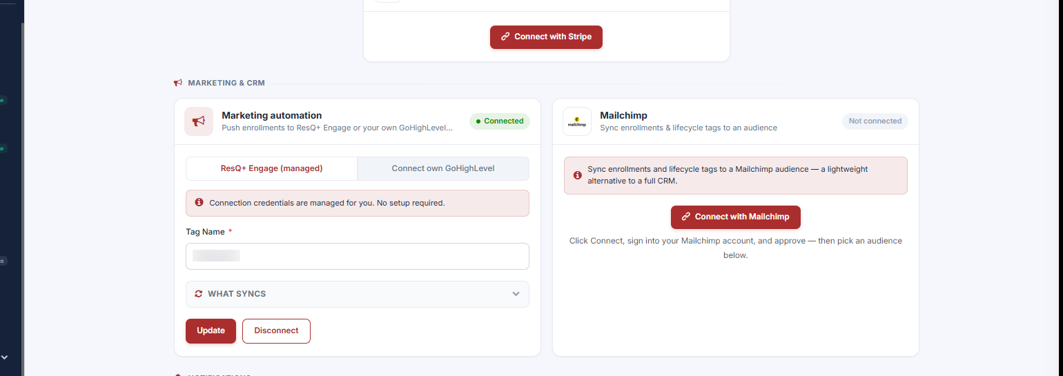 The Marketing automation card showing the two GoHighLevel tabs