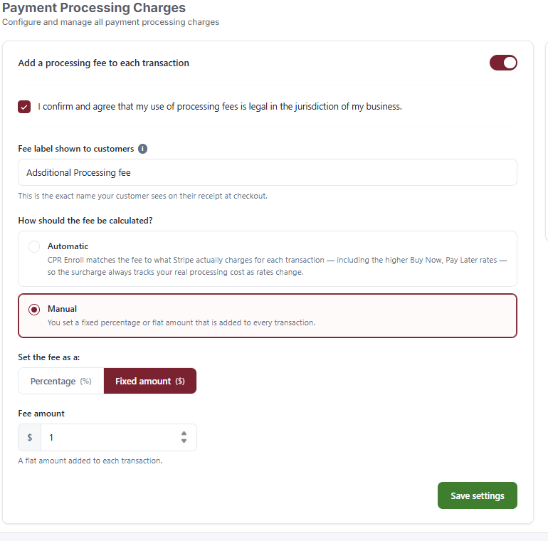 Payments Payment Settings Payment Processing Charges with the toggle on and the fee label set