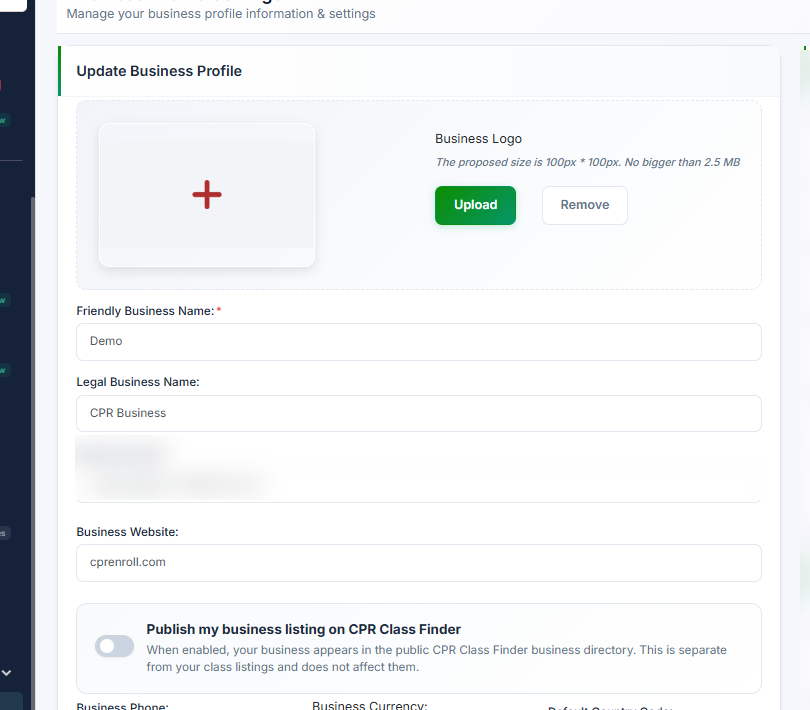 Settings Business Profile showing the Publish my business listing toggle