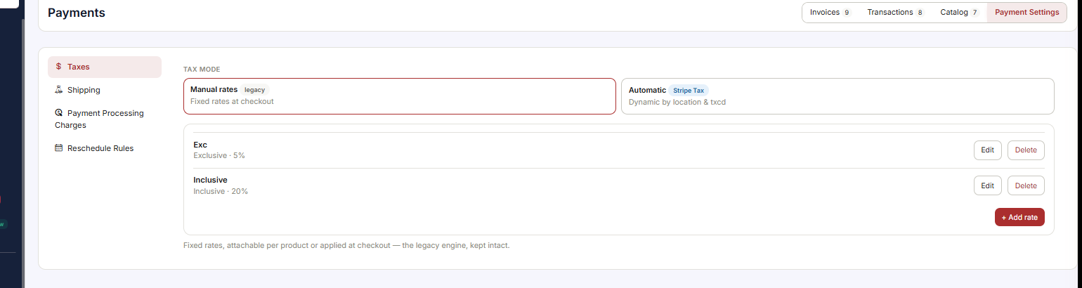Payments Payment Settings Taxes showing the mode selector