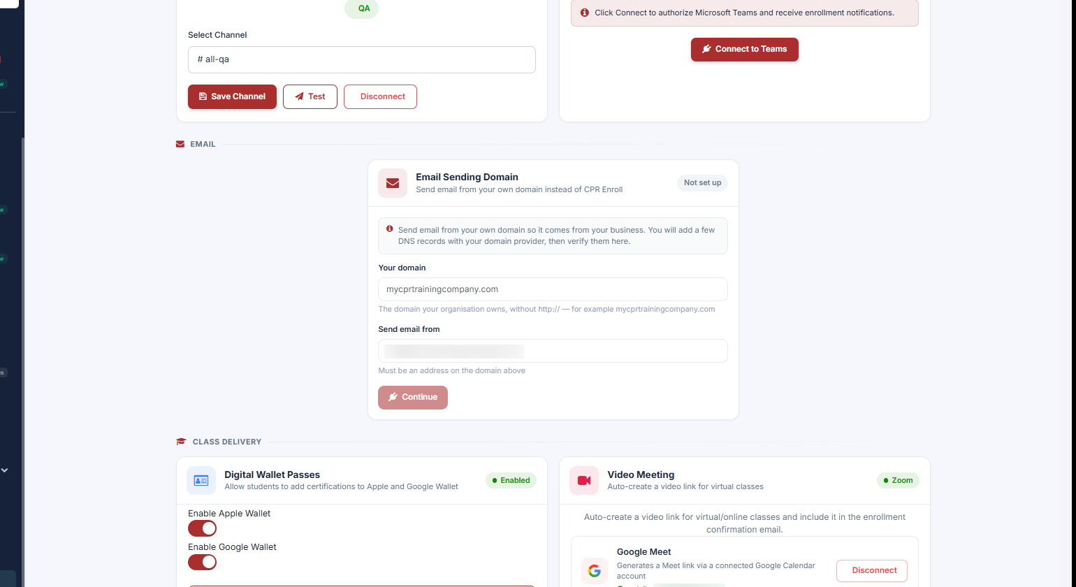 Settings Integrations Connections Digital Wallet Passes with both toggles on and Branding expanded