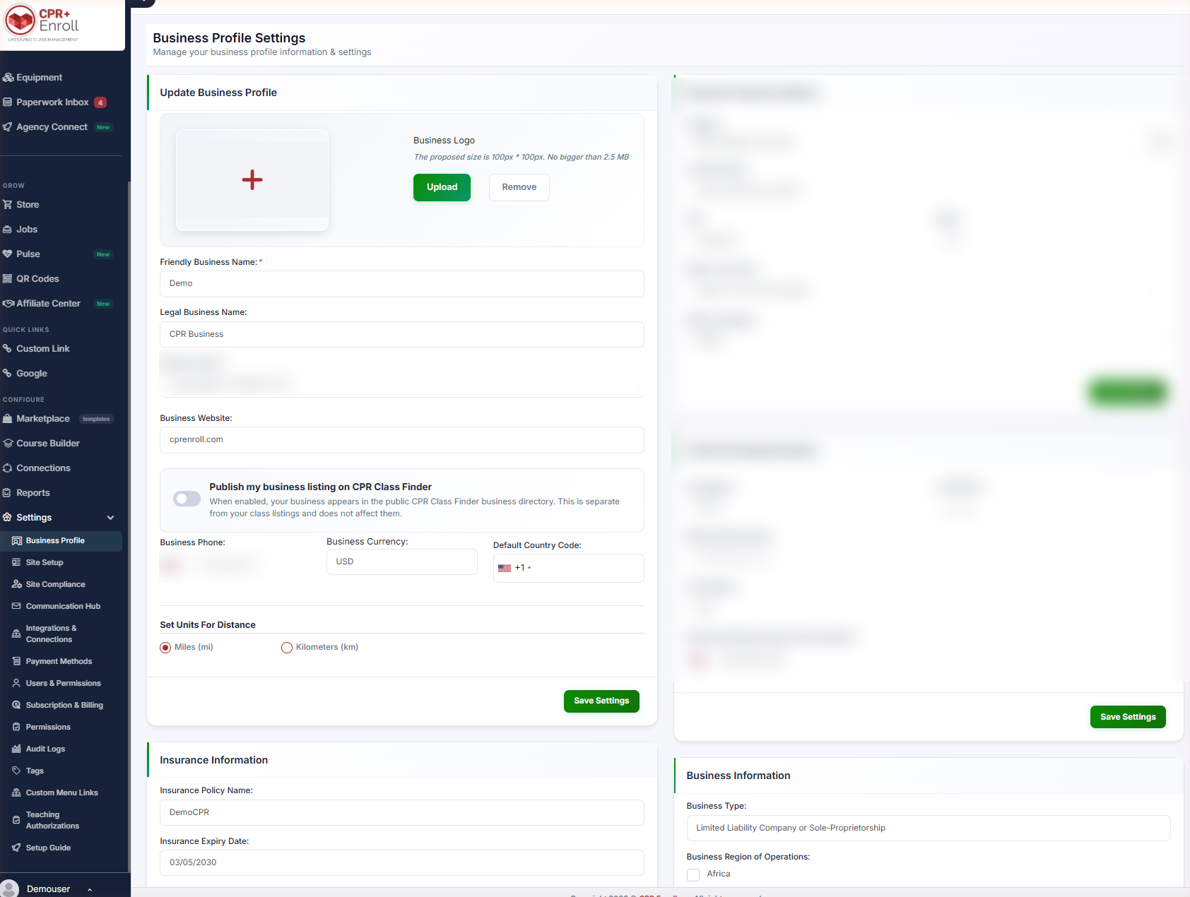 The Business Profile form showing the name, contact, website, logo and address fields (blur real contact detai