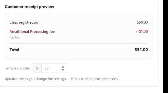 The Customer receipt preview panel showing the fee line and total