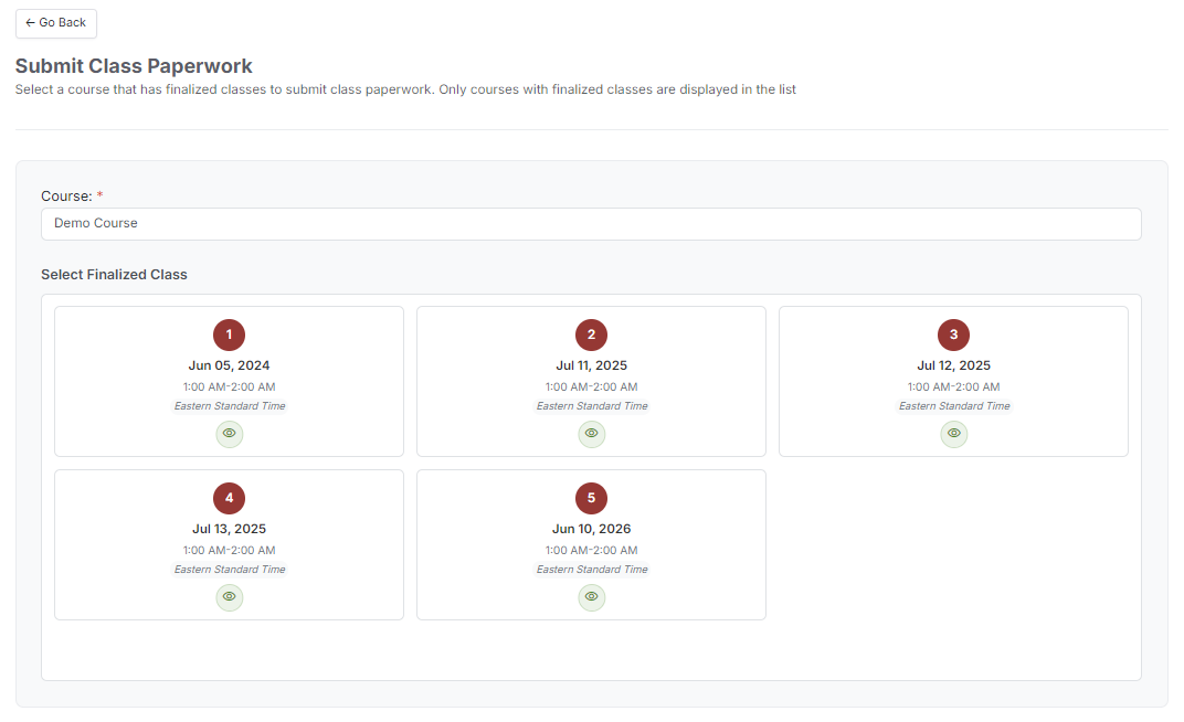 Submit Class Paperwork screen with finalized class selection