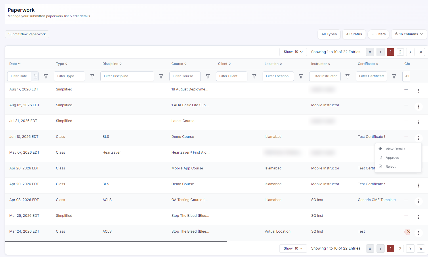 Paperwork Inbox row menu showing Approve and Reject