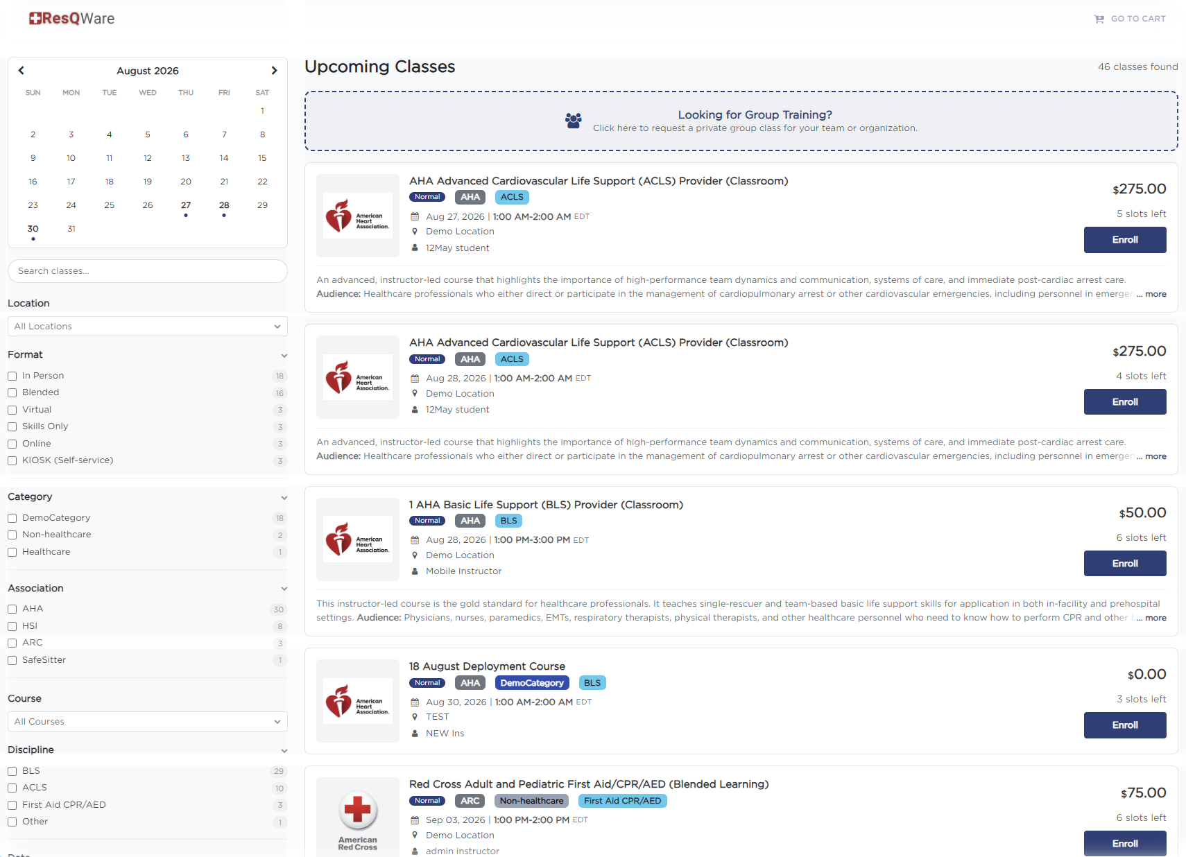 Public enroll page listing upcoming classes