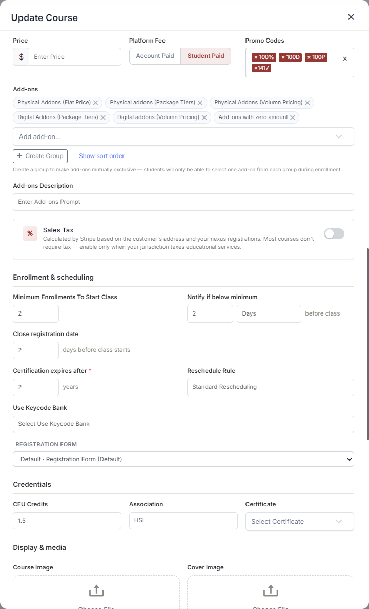 Update Course modal showing Close registration date