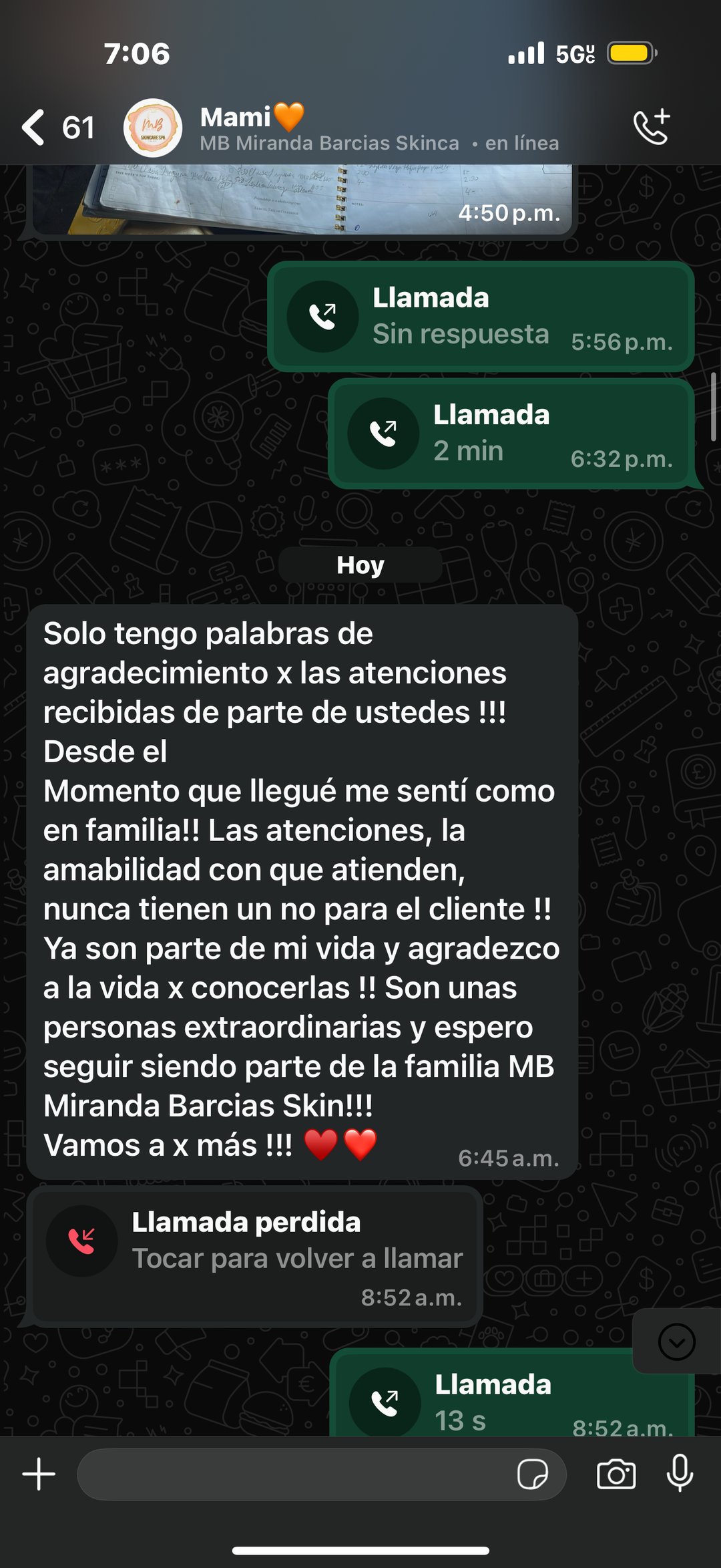 Mensaje de una clienta de MB Skincare Spa