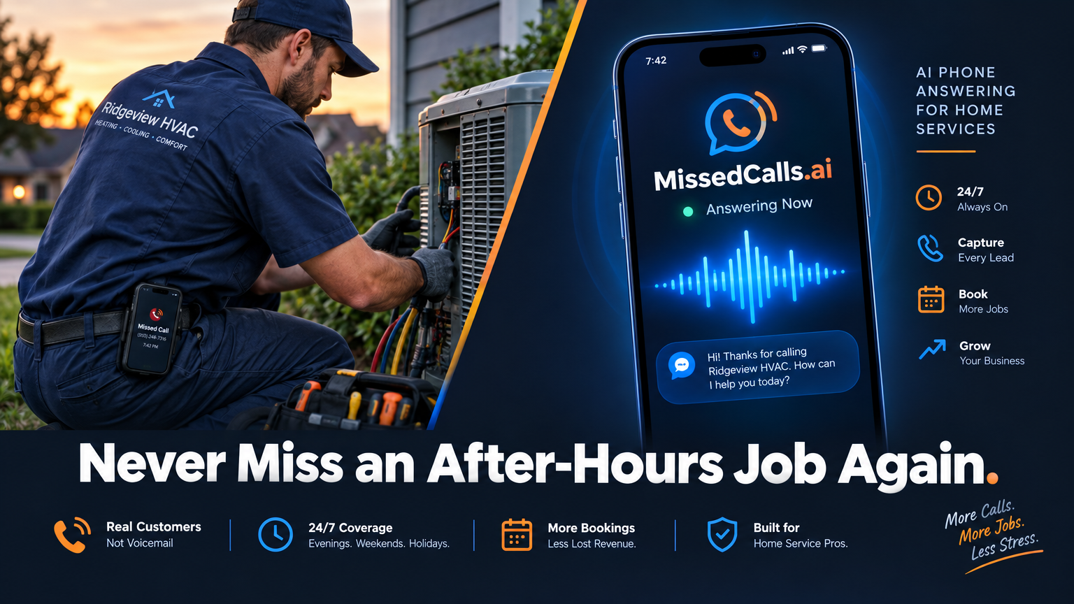 Home services contractor with missed call notification on phone next to MissedCalls.ai AI answering screen — never miss an after-hours job again