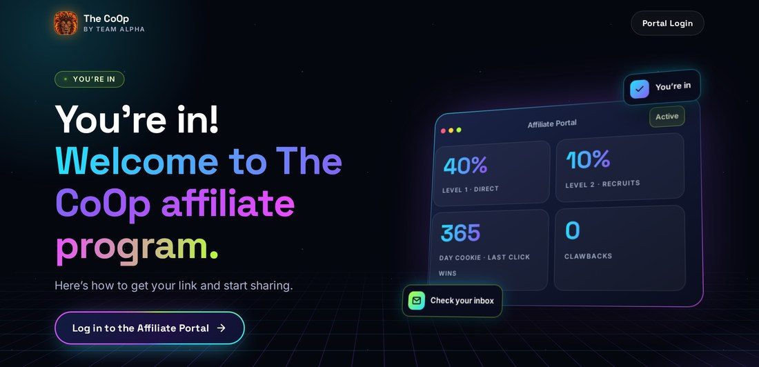 You’re in! affiliate welcome page