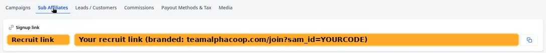 Affiliate dashboard, Sub Affiliates tab, showing the recruit sign-up link