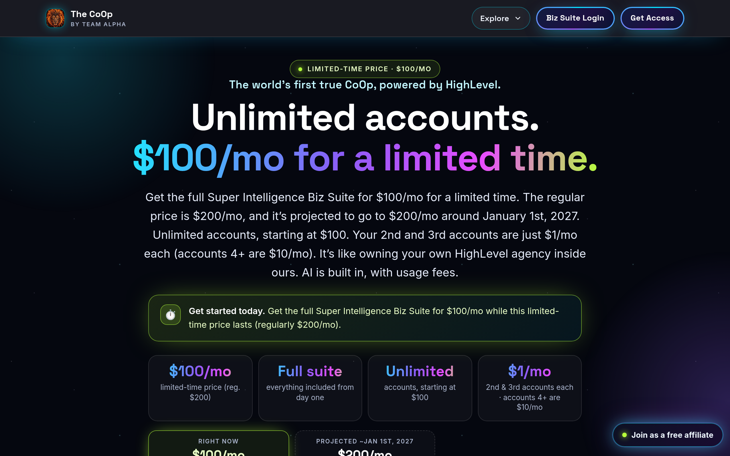 Super Intelligence Biz Suite page: unlimited accounts, $100/mo limited-time price