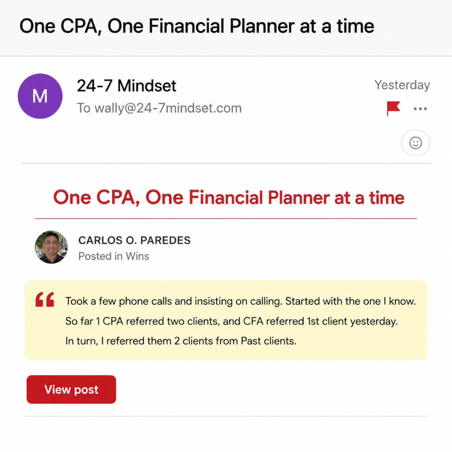 Circle community post: Carlos O. Paredes win, one CPA and one financial planner referring clients