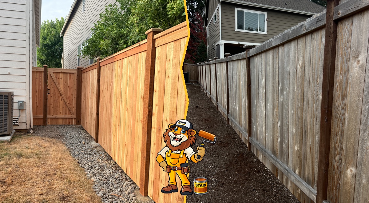 Wood fence before and after staining by Optima Fence & Deck