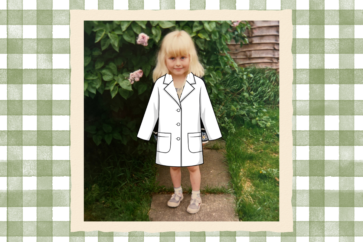 an image of lauren as a child has a crudely photoshopped lab coat on top - this all sits on a green gingham background