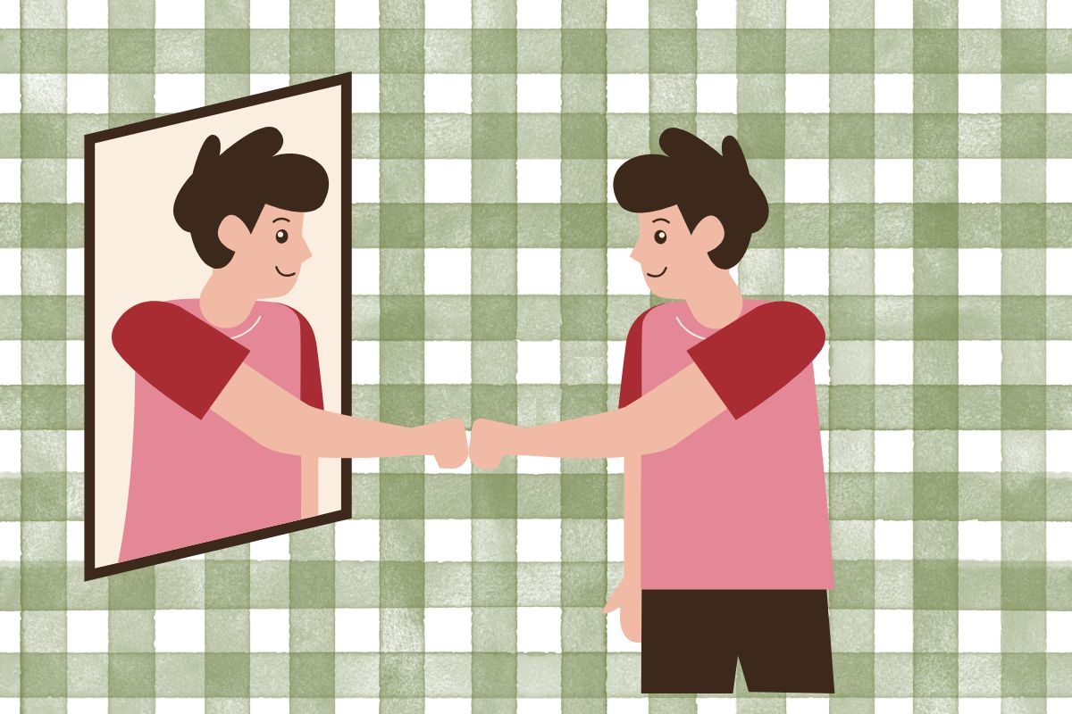cartoon image of a man shaking hands with his reflection on a gingham green background