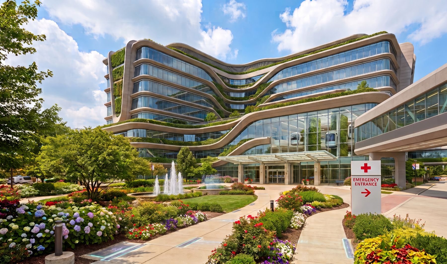 Modern smart hospital exterior with landscaped gardens and emergency entrance
