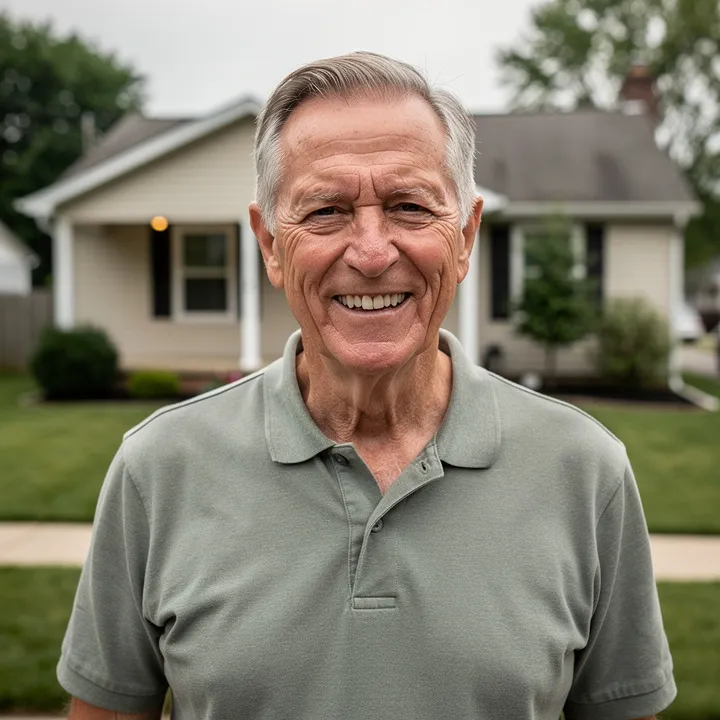 Older male homeowner standing in the front yard of a modest residential home in Kent, Ohio