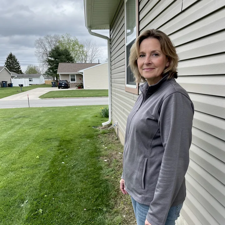 Middle-aged woman standing beside the exterior wall of a modest residential home in Streetsboro, Ohio