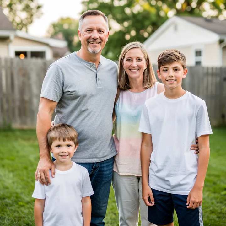 Family of four standing together in the backyard of a modest residential home in R, Ohio on a sunny dayvenna