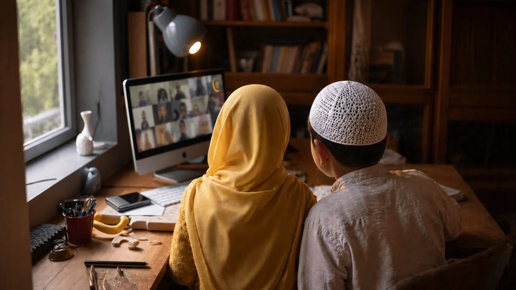 Muslim brother and sister smiling and learning together at home via Crescent Pathways online school