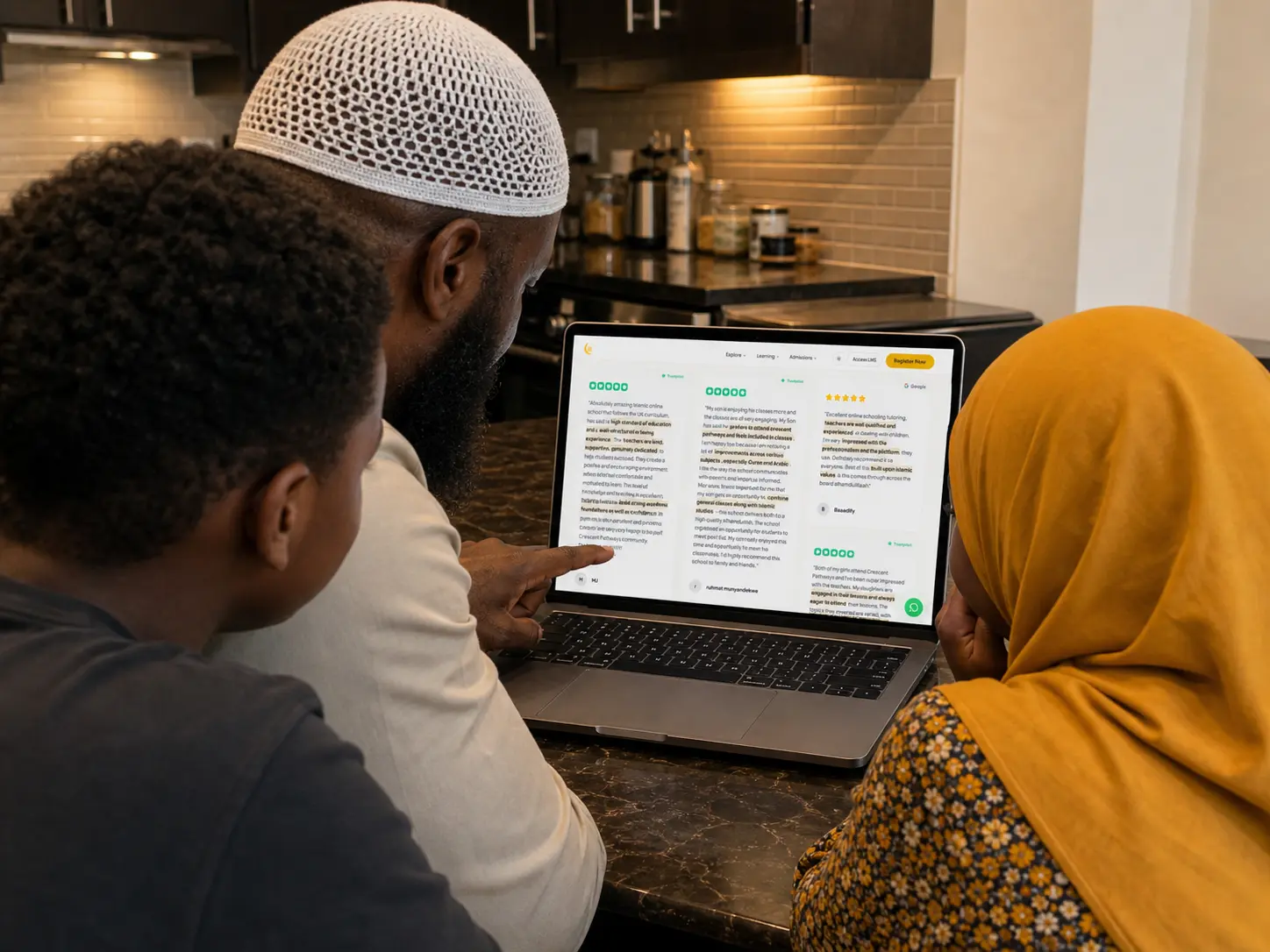 Happy Muslim family sharing their experience with Crescent Pathways online school
