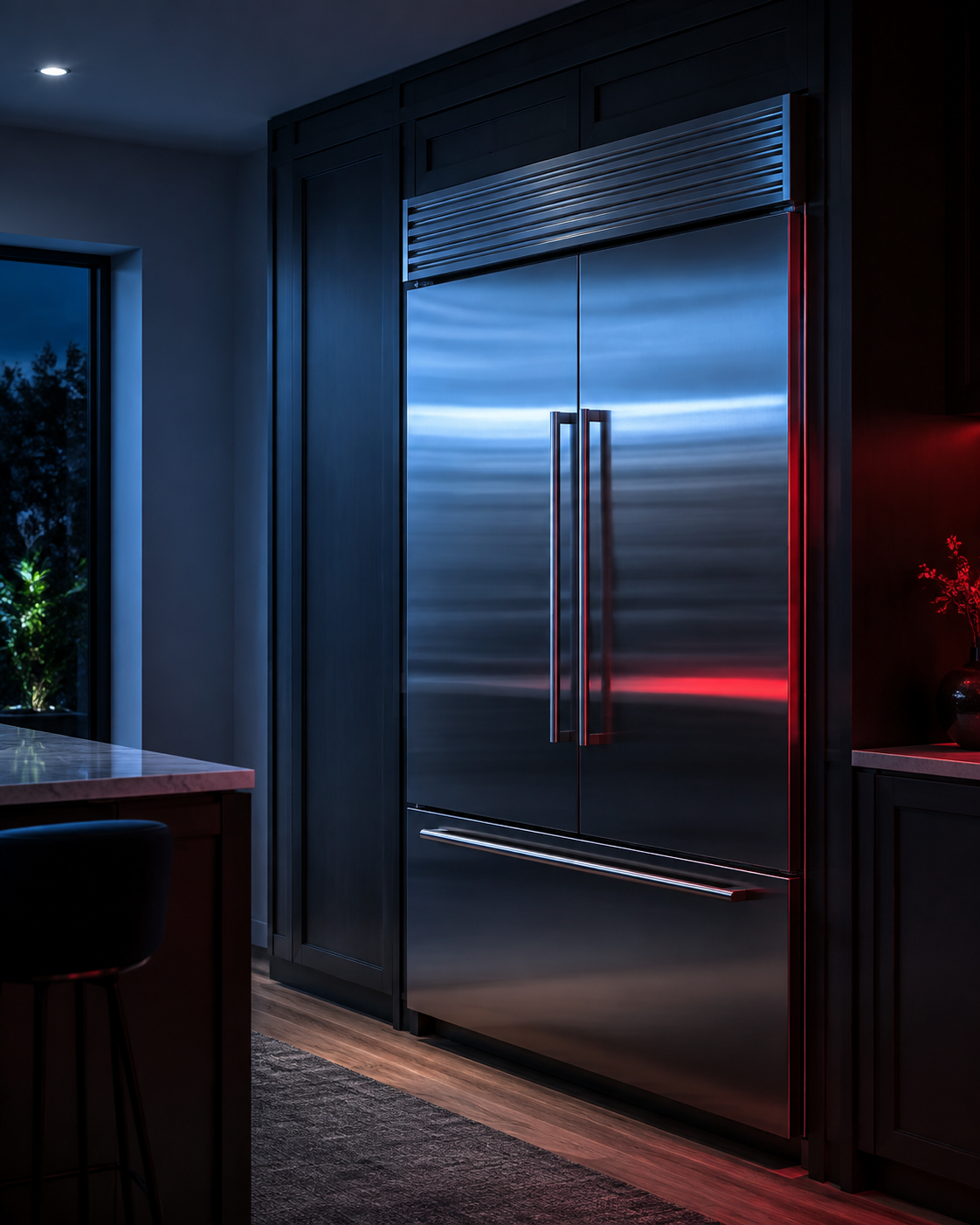 Closed built-in refrigerator in a premium kitchen