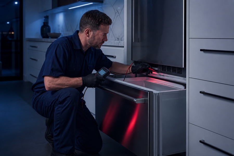 Technician using diagnostic tools near a running freezer