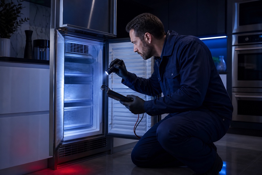 Technician diagnosing an open freezer that is not freezing
