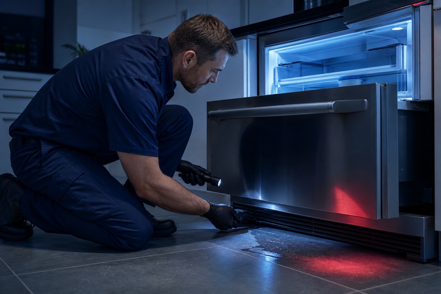 Technician checking a freezer for a water leak