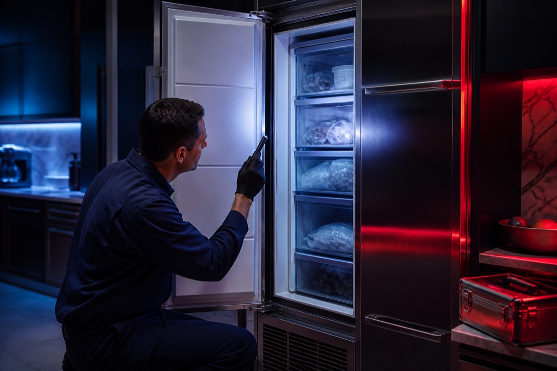 Technician inspecting a premium built-in freezer