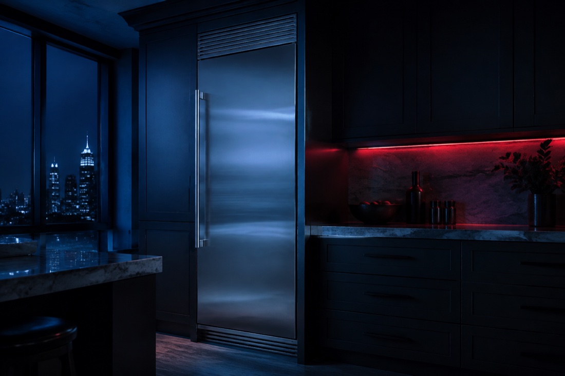 Closed high-end freezer in an upscale kitchen with blue and red lighting