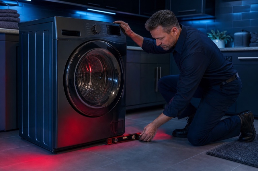 Technician checking washer leveling and vibration