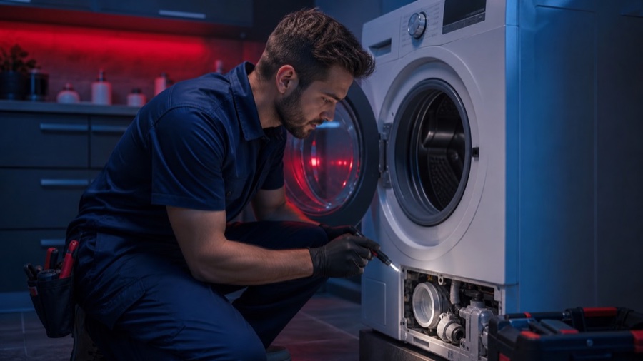 Technician inspecting the drain area of a modern washer